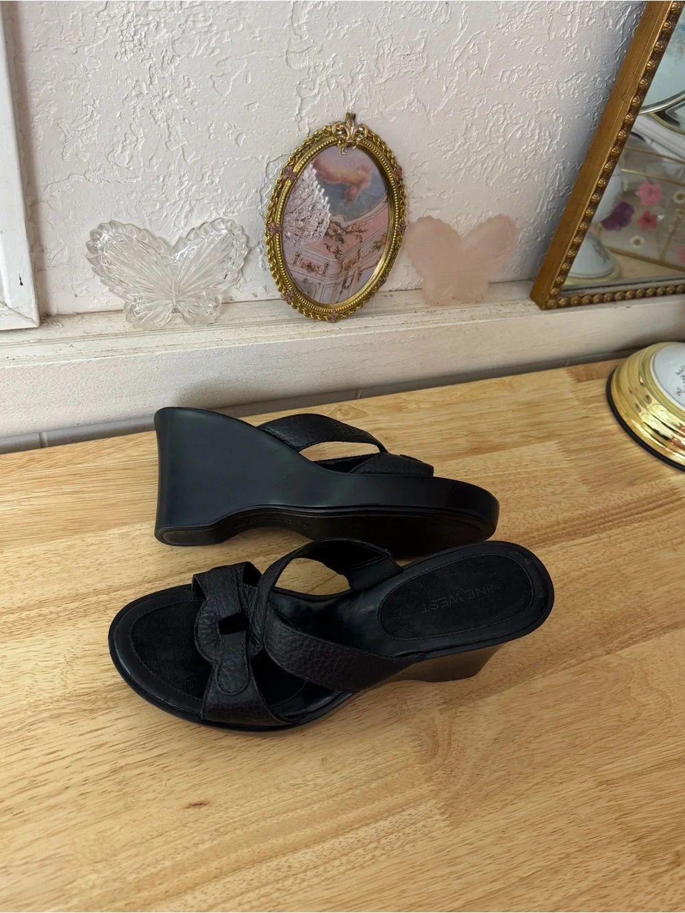 Nine West Black Leather Platform Wedge Slide Sandals Size 7.5 Y2K Minimalist